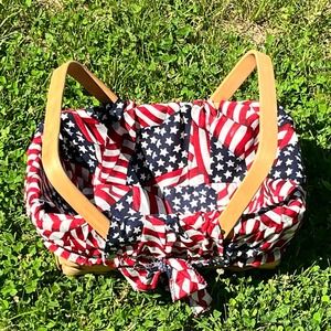 Vintage Double Articulated Handled Basket With Flag Patriotic Liner 12"x8"x 5"